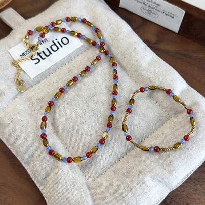 1pc Colorful Red Agate Choker Necklace, Unique Design Dopamine Fashion Beaded Neck Jewelry & Bracelet