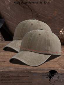 2pcs Unisex Solid Color Adjustable Washed Baseball Cap, Casual Outdoor Fashion - Khaki + Khaki - View 4