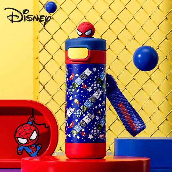 Disney Taza térmica infantil con diseño de Spider-Man de Disney, de acero inoxidable 316, con cuerda para transportar y boquilla recta, para botella de agua aislada para la escuela