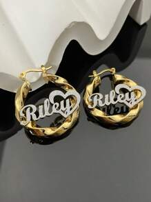 1 Pair Of DIY Custom Double-Layer Welded Name Letter Earrings, Men's And Women's Large Heart-Shaped Earring Pendants, Thick Earrings, Customizable Name Simple Daily Style, Keychain, Products Include Gift Boxes, Valentine's Day Gifts, Birthday Gifts, Mother's Day Gifts, Daily Gifts - Gold - View 5