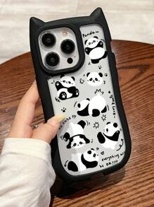 1pc Funny Panda Pattern Black Phone Case, Acrylic Cat Ear Design Lightweight Protective Cover, Compatible With IPhone 16/11/13/15/15 Plus/15 Pro/15 Pro Max/12/14 Pro Max/11 Pro/11 Pro Max/12 Pro/12 Pro Max/13 Pro/13 Pro Max/14 Pro/14 Plus