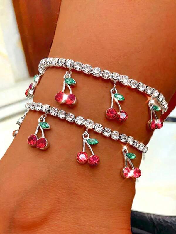 1 Set Rhinestone Cherry Anklet For Women Beach Casual Fruit Pendant Anklet Tennis Chain Foot Accessories