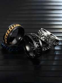 Set de 5 anillos de acero inoxidable y titanio para hombres, con grabado de cadena, resistentes a la decoloración y giratorios, ideales para uso diario