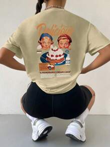 تي شيرت أكمام قصيرة بطبعة كعكة بطراز كاجوال قديم، مناسب يومي للرجل والمرأة، موسمي للربيع والصيف واللبس اليومي