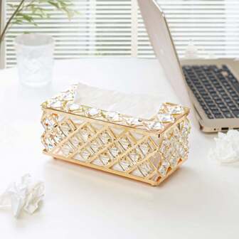 1PC Luxury Geometric Metal Crystal Tissue Box | Hollow Crystal Coffee Table Desktop Storage Box | Modern Home Decor For Office , Living Room, Dining Table – Chic & Elegant Storage Solution Home Bathroom Decor Bathroom Organizer Summer Back To School