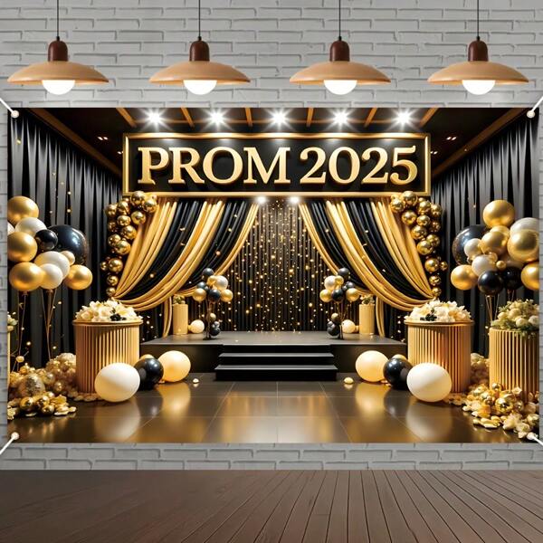 1 peça, faixa para a temporada de formatura, projetada para a festa de dança oficial em 2025. Apresenta um tema preto e dourado, adequado para celebrações no palco, e é feita de material de poliéster, adequado para uso interno e externo.