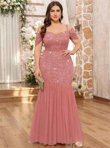Plus Size Off-Shoulder Spaghetti Strap Sequin Floral Lace Mesh Patchwork Fishtail Maxi Dress, Suitable For Valentine's Day, Summer, Formal Occasions, Graduation Prom, Gala - Dusty Pink - View 3