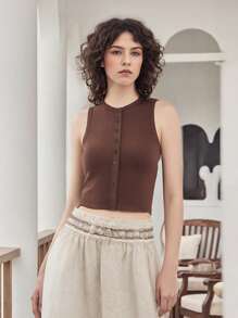 Women Y2k Button Down Tank Tops Knitted Solid Color Sleeveless Vest Top Slim Fit Crop Going Out Tops Streetwear - 棕色 - 查看 6