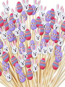 20pcs Easter Bunny & Egg Toothpicks, 4.7inch Elegant Bamboo Sticks For Party, Food & Beverage Decoration, Cute Cocktail, Sushi, Appetizers, Cake, Dessert Decor