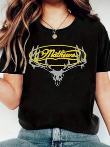 Deer Horns Skull Pattern Letter Logo Design T-Shirt For Women, Women's 220g Casual Round Neck Heavy Pure Cotton T-Shirt (1 PC) - 黑色 - 查看 1