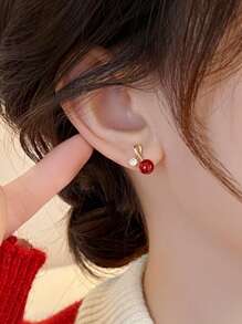1 Pair Elegant Minimalist Cherry & Bean Pearl Inlaid Earrings, Suitable For Women's Everyday, Festival, And Banquet Wear