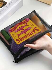 Mesh Large-Capacity Portable Cosmetic Bag With Cartoon Pattern, College Style Charger Storage Bag, Air Cushion Storage Portable Storage Bag, Cosmetic Bag, Cosmetic Storage Bag, Skin Care Product Bag, Travel Essentials, Dormitory Supplies