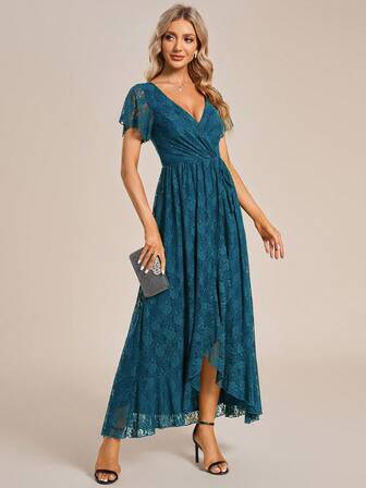 Women V-Neck Lace Elegant Ruched Bust Ruffle Trim Wrap Hem Chiffon Teal Bridesmaid Dress Wedding Guest Gown For Wedding