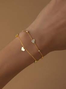 925 Sterling Silver Diamond Hand Chain Stackable Heart Bracelet, Ins Style, Perfect Mum/Girlfriend Gift - Gold - View 11