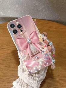 蝴蝶结彩绘防震手机壳，配有手工串珠花手链，适用于 iPhone 16/16 Pro/16 Plus/16 Pro Max、iPhone 14 Pro Max、iPhone 13、iPhone 12、iPhone XR、iPhone 7/8、Galaxy 系列和 Redmi 系列 - 彩色 - 查看 1