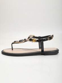 Fashionable Glittering Rhinestone Decor Toe Loop Women Flat Sandals - Black - View 5