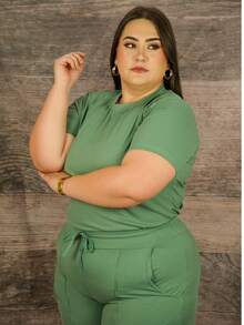 Camiseta de punto de canalé con talle alto y pantalones con cintura de cordón - verde menta - Ver 3