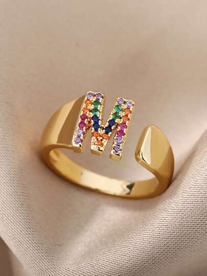 1PC Colored Zirconia Initials Letter Heart Rings For Women Girls Gold Color Open Alphabet Finger Ring Fashion Jewelry Wedding Gift