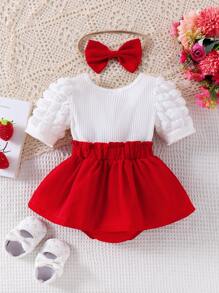 2 sztuki dla dziewczynek, truskawka haftowana, żebrowana, łączona, 3D, duża kokarda, ozdobiona talią, falbaniastym brzegiem, kombinezon z opaską na głowę