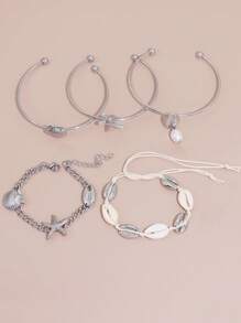 5pcs Bohemian Shell Bracelet Set For Women, Summer Beach Jewelry Accessories - Silver - View 3