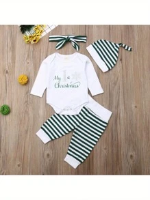 Baby Boy Girl Christmas Clothes My First Christmas Long Sleeve Romper Pants Headband Hat 4Pcs Set