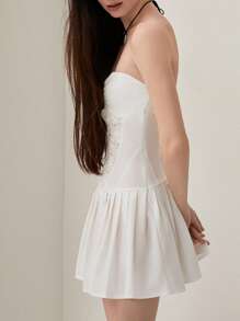 Women's Tube Top Dress Sleeveless Off Shoulder Front Ruched Lace Embroidery Backless Pleated Mini Dress For Party Club