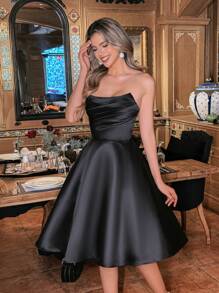 Faeriesty فستان سهرة من الساتان مع تجاعيد أمامية وتعقيد خلفي بالدانتيل، بدون أكتاف، أنيق للحفلات