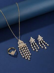 4 Stücke Set aus Kupferlegierung mit Blumen-Quasten-Design, Multi-Zirkonia Modeschmuck, elegant & luxuriös, geeignet als Geschenk, für Damen Alltag & festliche Anlässe