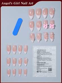 24 stuks/set witte Franse amandel pers op nagels tip 3D roze strik & bloem met parel ontwerp acryl nagels volledige dekking nepnagels, bevat 1 stuk gelei lijm en 1 stuk nagelvijl, geschikte geschenken voor vrouwen en meisjes