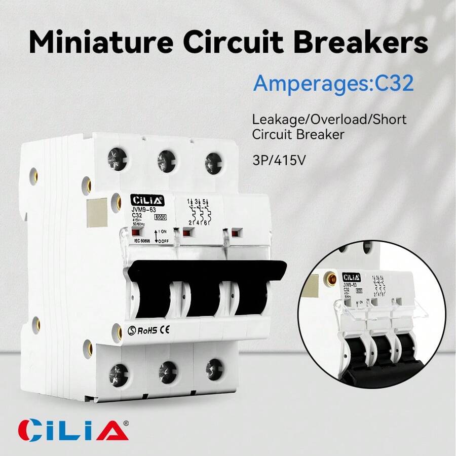 CILIA Interruttore automatico CILIA 1pz, 3 moduli, connessione DIN (universale per qualsiasi centralino sul mercato), poli 3P, 16 A, potere di interruzione 6KA, tensione 400 Vac, curva C.