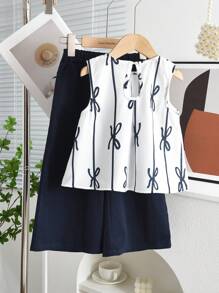 Young Girls 2Pcs Bow Print Tank Top&Trousers Set For Summer - Black - View 2