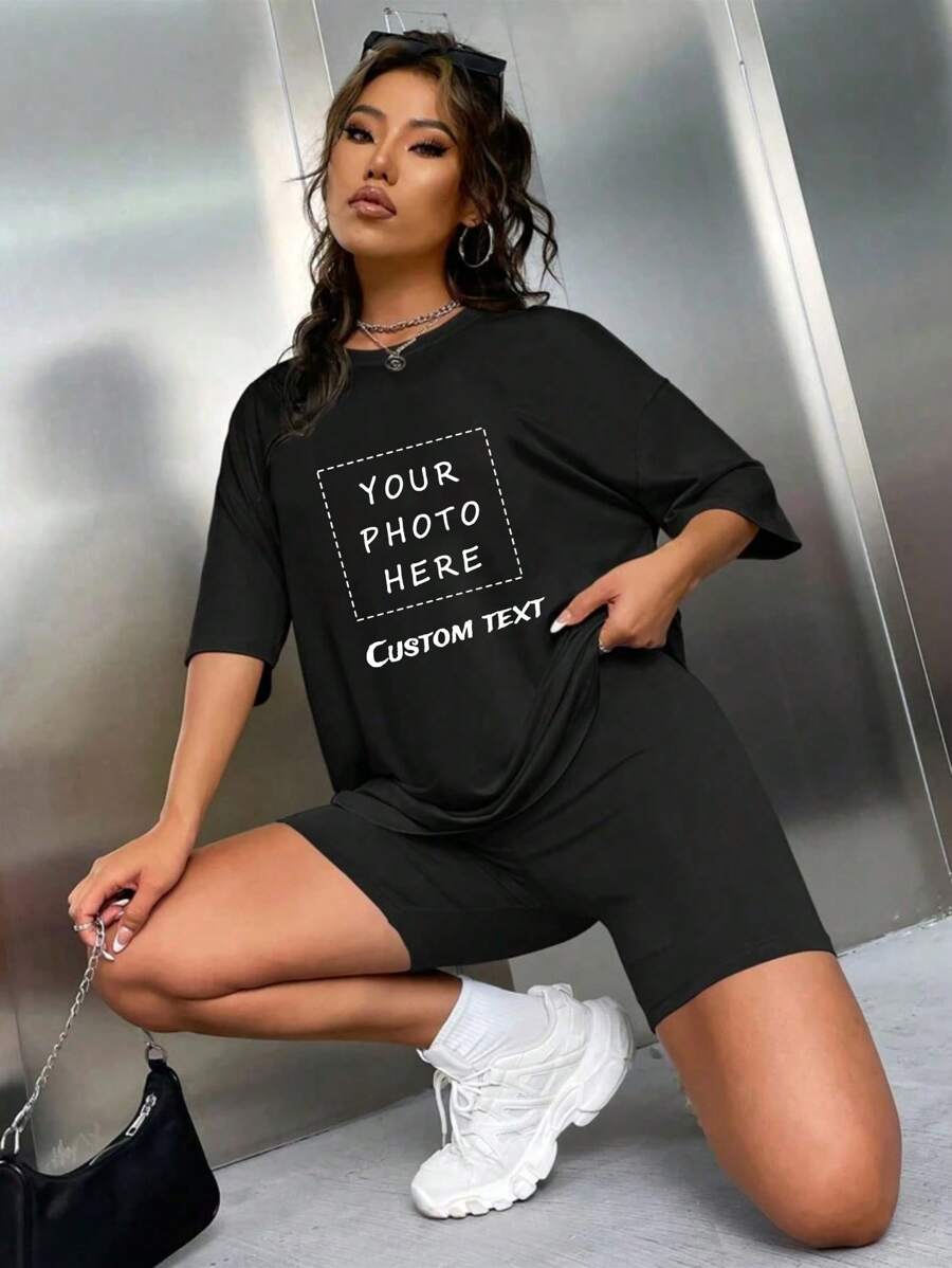 Customized Personalized Gifts, Interesting Personalized Patterns--Customize A Women's T-Shirt + Shorts 2 Pieces Set With A Custom Printed Slogan - Black - View 1