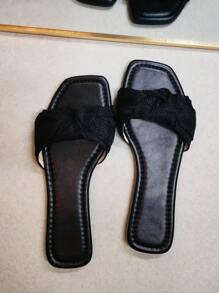 2025 Spring/Summer New Flat Sandals, Strap Bow Decor, Black Casual Fashion Slippers