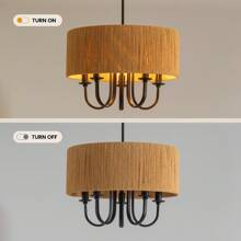 19" Bohemian Rattan Drum Chandelier, 5-Light Round Candle Pendant Light Fixture, Farmhouse Woven Cage Chandelier For Dining Room Bedroom