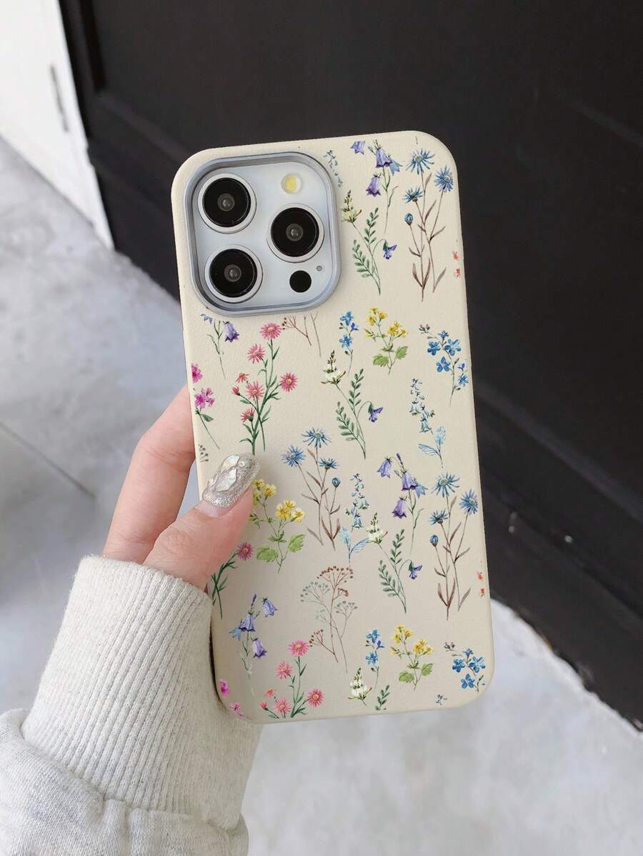 1pc Floral Print Luxury Milky White Leather Textured Phone Case, Compatible With IPhone & Galaxy Models - Multicolor - View 1