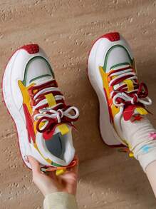 1 双女士 2025 年春季新款厚底运动鞋，韩国学生厚底休闲运动鞋 - 紅色 - 查看 2