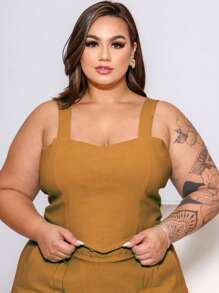 PLUS SIZE BENGALINE CROPPED TOP WITH STRAPS AND POINT DETAIL - Telha - 查看 1