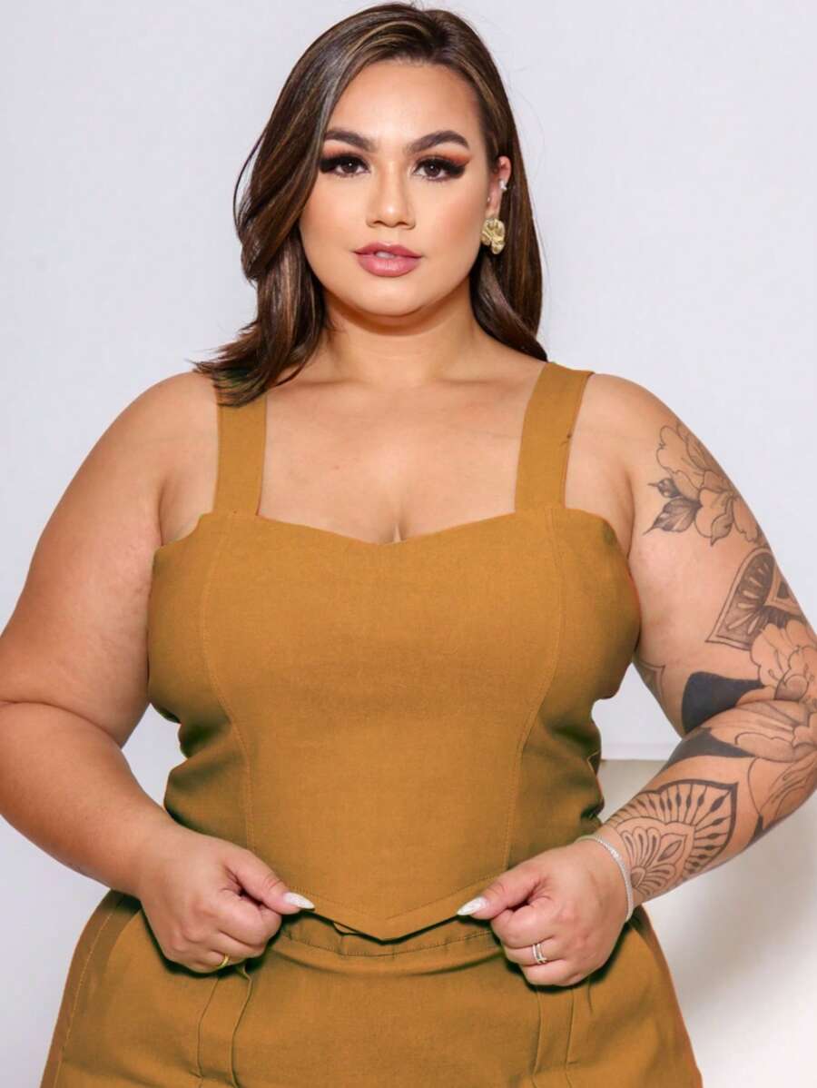 PLUS SIZE BENGALINE CROPPED TOP WITH STRAPS AND POINT DETAIL - Telha - 查看 1