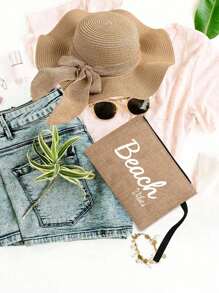 Beach Letter Theme Yellow Linen Handbag, Plus A Small Bag With A Hand Rope And A Bow Hat, Bridesmaid Personalized Wedding Gift Bag, Travel Storage Bag, Cosmetic Storage Bag, Coin Purse, Direct Storage Bag, Beach Bag, Sunscreen Beach Hat New Travel Sunshade Wave Hat Handmade Diy Sun Hat, Is A Gift For Mom, Valentine'S Day Gift, Very Suitable For Traveling To The Seaside., Beach Essentials, Summer Women Bag,Perfect For Travel, Vacation, Holiday & Beach - Khaki - View 2