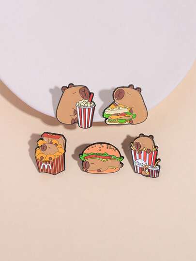 5pcs Cute Capybara Themed Food Design Brooch Pins, Cartoon Animal Badge For Clothes, Backpacks, Fashionable Jewellery Suitable For Women Daily Wear, Delicate Friend Gift Dress Accessories Pin For Clothes Bag Charm School