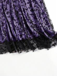 EARO Spring Garden Party, Women's High Waist Embroidered Floral A-Line Skirt, Sheer Mesh Overlay, Vintage Romantic Style, Date Outfit Skirt, Niche Design Skirt - Taro Purple - View 4