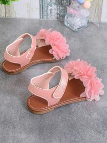 1 Pair Plus Size Toddler Girls' Flat Sandals, Solid Color PU Straps, Mesh Flower Decor, Buckle Closure, Round Toe, Lightweight, Fashionable, Cute Roman Sandals Suitable For 3-15 Years Old Girls For Daily, Casual, Party, Travel, Spring/Summer 2025 - Pink - View 5