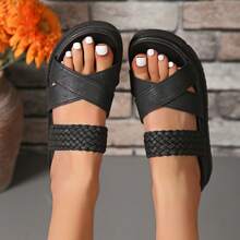 Women's Wedge, Woven, Plus Size, New 2025 Export, European And American Style, Thick Sole Slippers, Suitable For Any Occasion