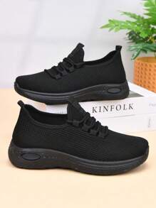 Women's Breathable Casual Shoes, Non-Slip Soft Sole, Comfortable Black Work Shoes, Flat Knitted Solid Round Toe Sports Sneakers, Suitable For All Seasons