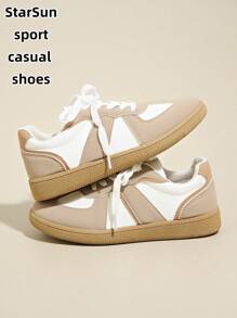 女士春秋新款休闲圆头低帮运动鞋，易于清洁，舒适平底系带百搭小白鞋，撞色运动休闲鞋，复古硫化鞋，四季皆宜