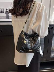 Bolso de hombro mini casual de negocios, liviano, con decoración de metal negro, acolchado y con cremallera, de piel sintética (PU), perfecto para la oficina, el trabajo, los negocios, el trayecto, para mujeres, estudiantes universitarias, principiantes y trabajadores de cuello blanco.