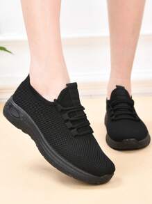 Women's Breathable Casual Shoes, Non-Slip Soft Sole, Comfortable Black Work Shoes, Flat Knitted Solid Round Toe Sports Sneakers, Suitable For All Seasons