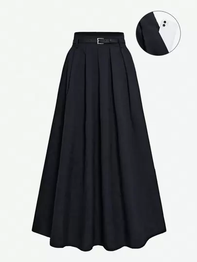 女士休闲百搭纯色高腰褶皱 A 字裙