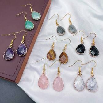 1 Pair Natural Crystal Droplet Golden Alloy Faceted Drop Charm Pendant Earrings Healing Gemstone Energy Rock Daily Wearring Jewelry Gift Party Holiday