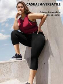 Plus Size Women Sports High Waist 3/4 Leggings, High Elasticity Comfortable Capri Pants - Black - View 5
